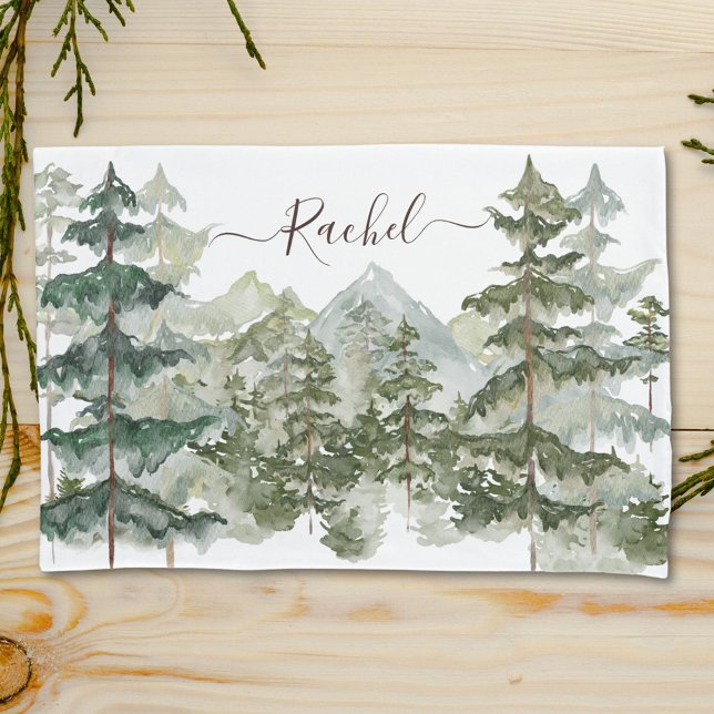 Monogram Rustic Watercolor Forest and mountain Pillowcase (In situ)