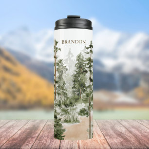 Monogram Rustic Watercolor Green Forest Thermal Tumbler