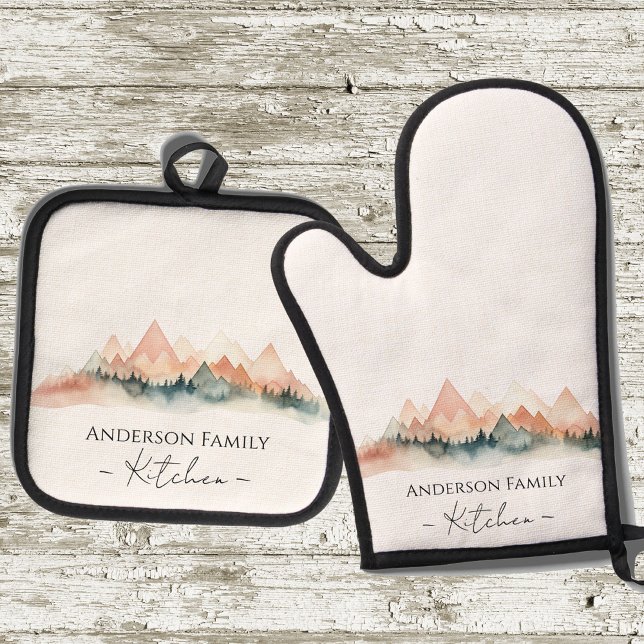 Monogram Rustic Watercolor Mountains Oven Mitt & Pot Holder Set (Creator Uploaded)