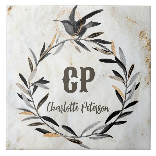 Monogram Rustic White Marble Bird Wreath Custom Tile (Front)