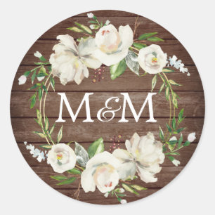 Monogram Rustic Wood Antique White Floral Wedding Classic Round Sticker