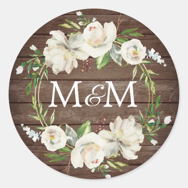 Monogram Rustic Wood Antique White Floral Wedding Classic Round Sticker (Front)