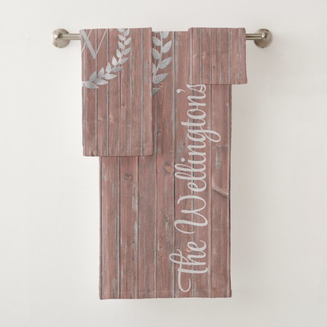 Monogram Rustic Wood Family Name Bath Towel Set (Insitu)