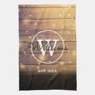 Monogram Rustic Wood Panels Script Tea Towel
