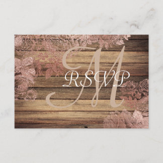 Monogram Rustic Wood Rose Lace Wedding RSVP Card