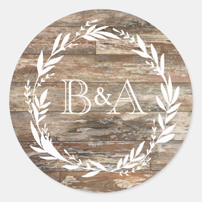 Monogram Rustic Wood Style Classic Round Sticker (Front)