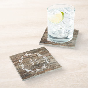 Monogram Rustic Wood Style Stone Coaster