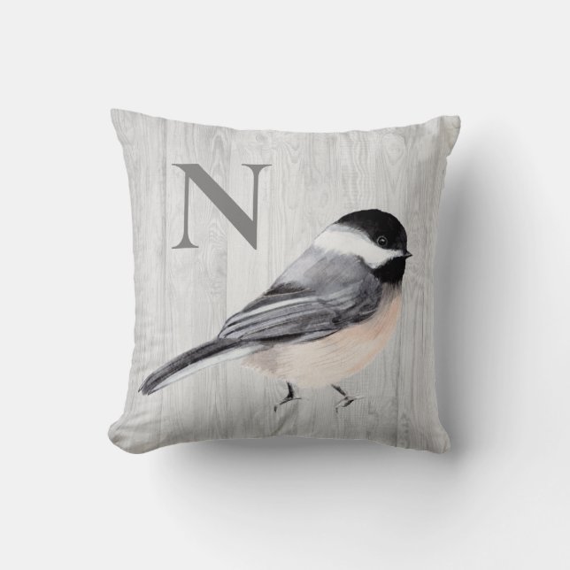 Monogram Rustic Woodgrain Watercolor Bird Cushion (Front)