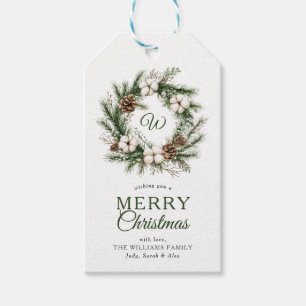 Monogram Rustic Wreath Merry Christmas Photo Gift Tags