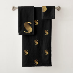 Monogram S Black and Gold Look Elegant Typography Bath Towel Set