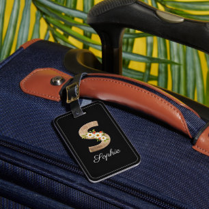 Monogram S black wood letter flower Luggage Tag