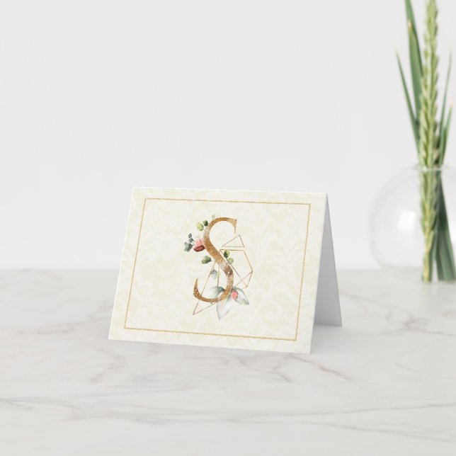 Monogram S Floral Note Card Gold (Front)
