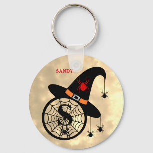 Monogram S Halloween Sky Witch Spiders Name Key Ring