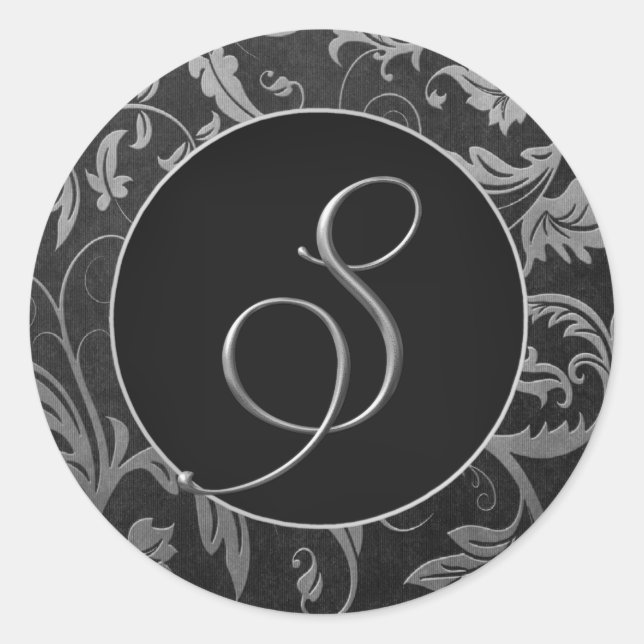 Monogram S Silver and Black Damask Wedding Seal (Front)
