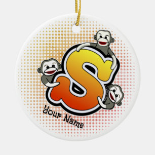 Monogram S Sock Monkey Ceramic Tree Decoration
