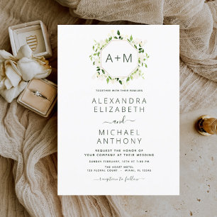Monogram Sage Emerald Green Floral Wedding Invitation