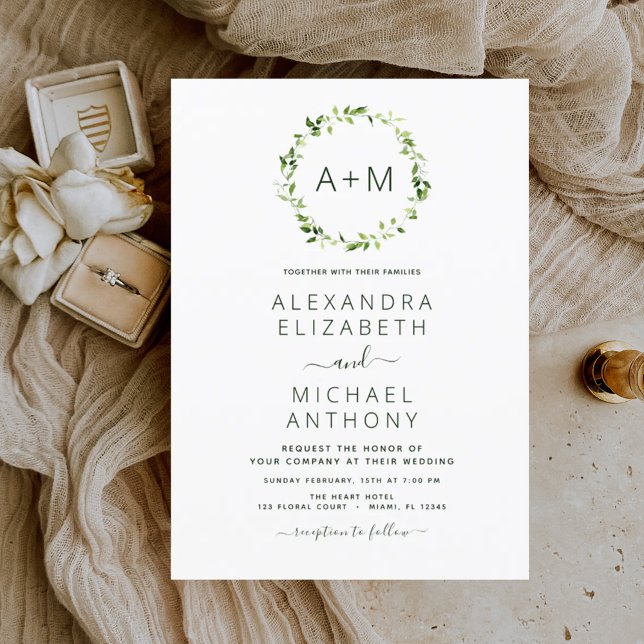 Monogram Sage Emerald Green Floral Wedding  Invitation (Creator Uploaded)