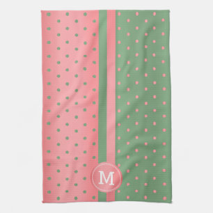 Monogram Sage Green and Coral Polka Dot Tea Towel