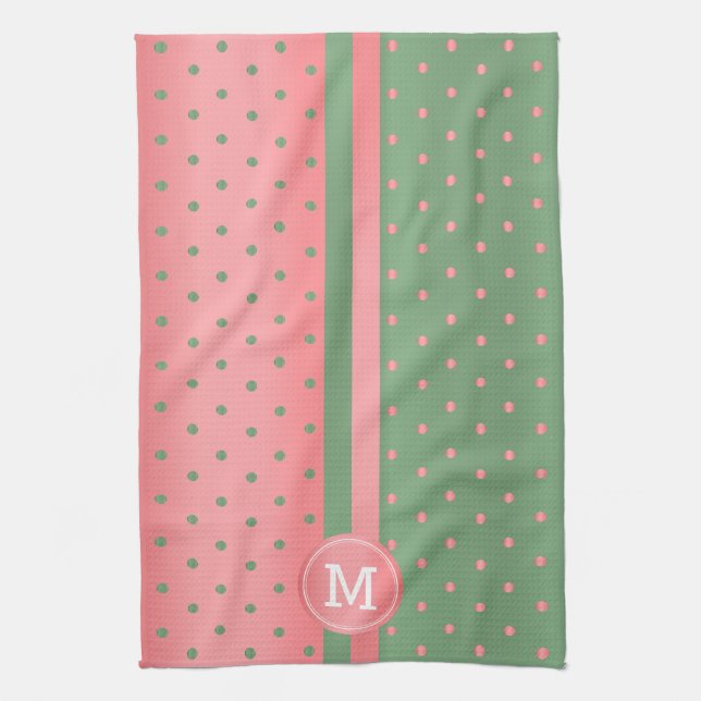 Monogram Sage Green and Coral Polka Dot Tea Towel (Vertical)