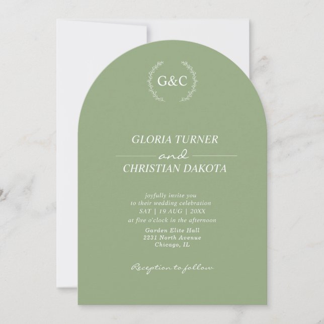 Monogram Sage Green Arch Shape Wedding  Invitation (Front)