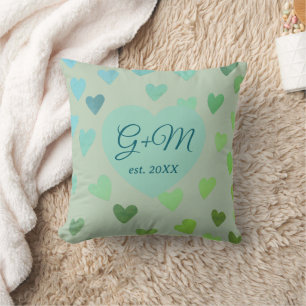 Monogram sage green blue retro boho hearts pattern cushion