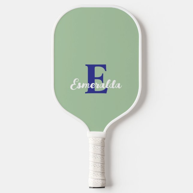 Monogram sage green blue white modern minimalist  pickleball paddle (Front)