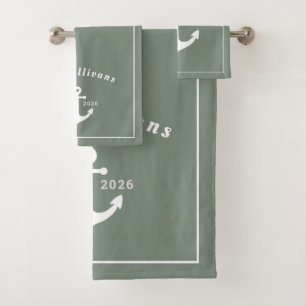 Monogram Sage Green Coastal Nautical Anchor White Bath Towel Set
