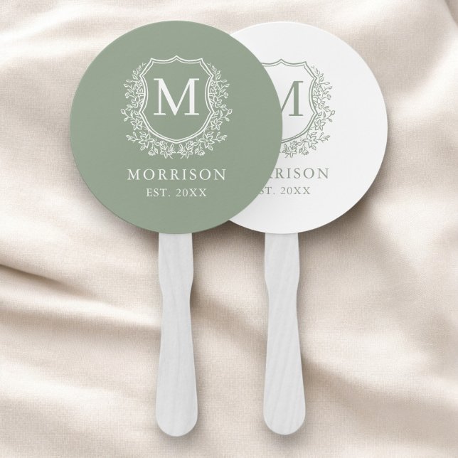 Monogram Sage Green Crest Botanical Wedding  Hand Fan (Creator Uploaded)