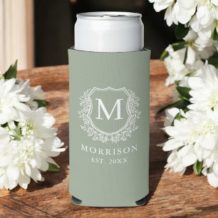 Monogram Sage Green Crest Botanical Wedding  Seltzer Can Cooler