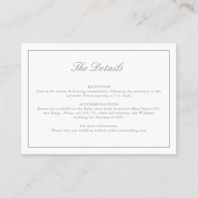 Monogram  Sage Green Details Wedding Enclosure Card (Front)