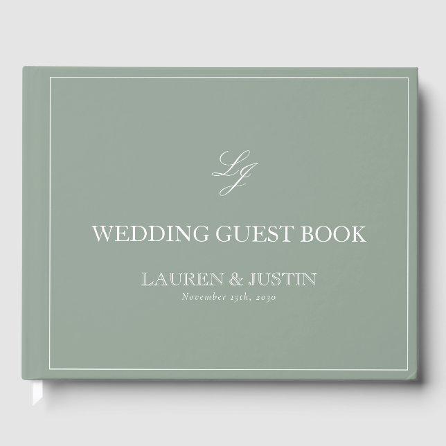 Monogram Sage Green Elegant Calligraphy Wedding Guest Book (Front)