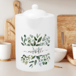 Monogram Sage Green Eucalyptus Greenery Leaves<br><div class="desc">Introducing our Monogram Sage Green Eucalyptus Greenery Leaves Teapot. Add nature and foliage vibes to your drink and beverage. Suitable as  gift for plant and nature lovers.</div>