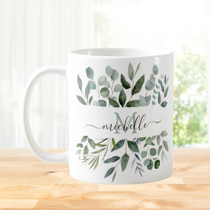 Monogram Sage Green Eucalyptus Greenery Leaves   Coffee Mug