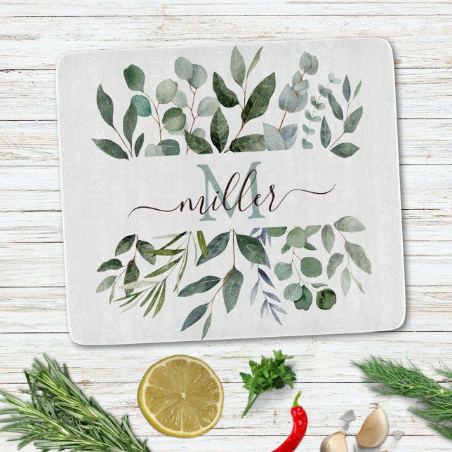 Monogram Sage Green Eucalyptus Greenery Leaves   Cutting Board (In situ)