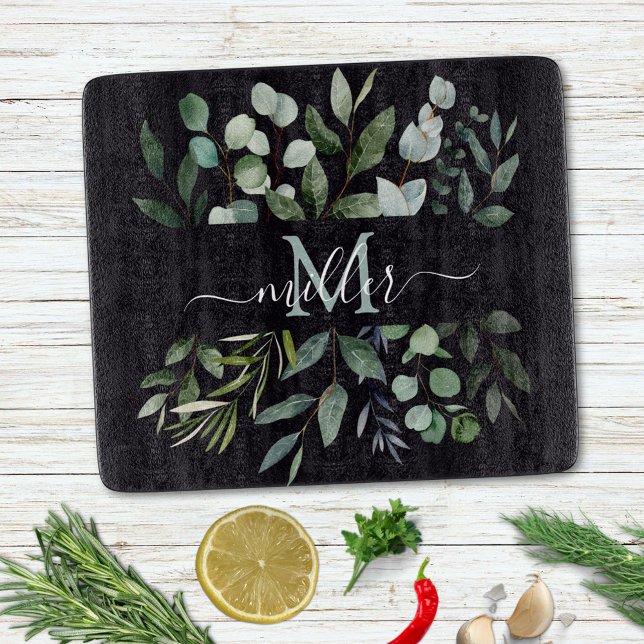 Monogram Sage Green Eucalyptus Greenery Leaves   Cutting Board (In situ)