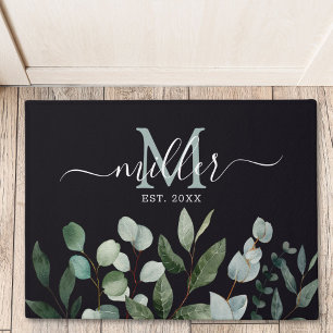 Monogram Sage Green Eucalyptus Greenery Leaves   Doormat