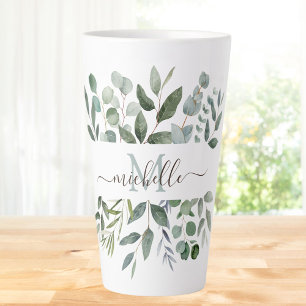 Monogram Sage Green Eucalyptus Greenery Leaves   Latte Mug