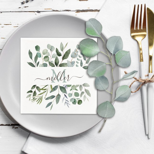 Monogram Sage Green Eucalyptus Greenery Leaves   Napkin (In situ)