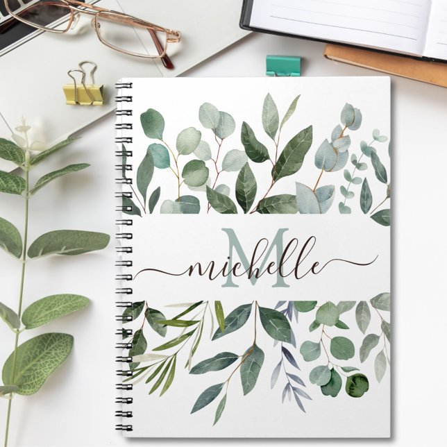 Monogram Sage Green Eucalyptus Greenery Leaves  Notebook (In situ)