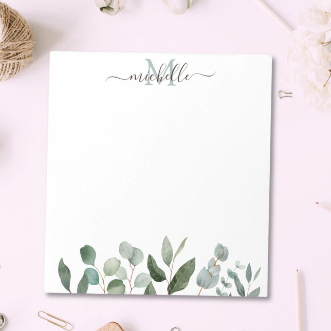 Monogram Sage Green Eucalyptus Greenery Leaves   Notepad (In situ)