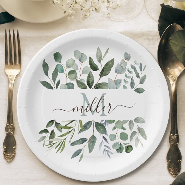 Monogram Sage Green Eucalyptus Greenery Leaves   Paper Plate (In situ)