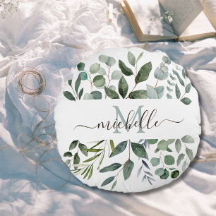 Monogram Sage Green Eucalyptus Greenery Leaves Round Cushion