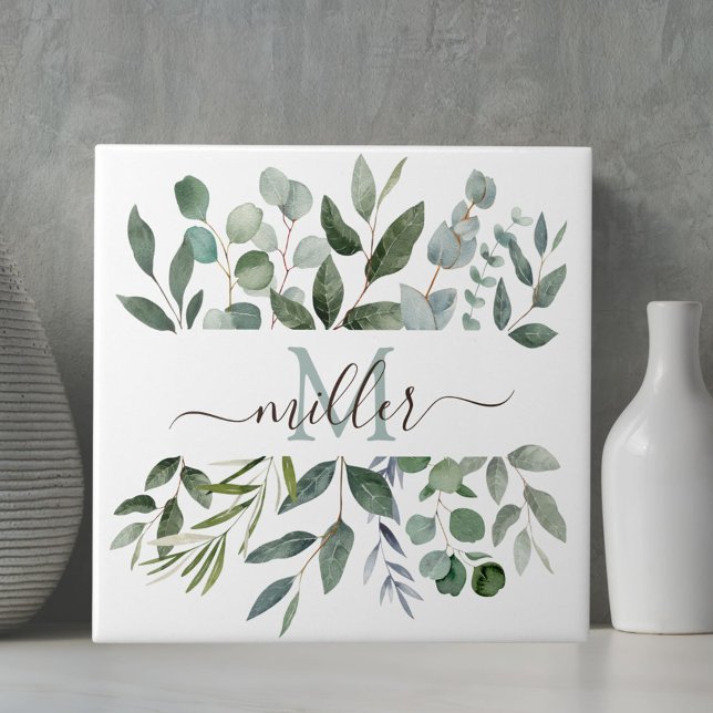 Monogram Sage Green Eucalyptus Greenery Leaves   Tile (In situ)