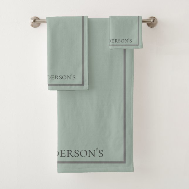 Monogram Sage Green Grey Border Gift Bath Towel Set (Insitu)