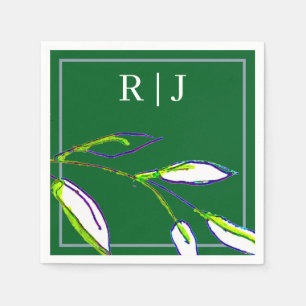 Monogram Sage Green Leaf Art Dusty Blue Wedding Napkin