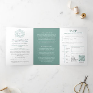 Monogram sage green leaves wedding all-in-one Tri-Fold invitation