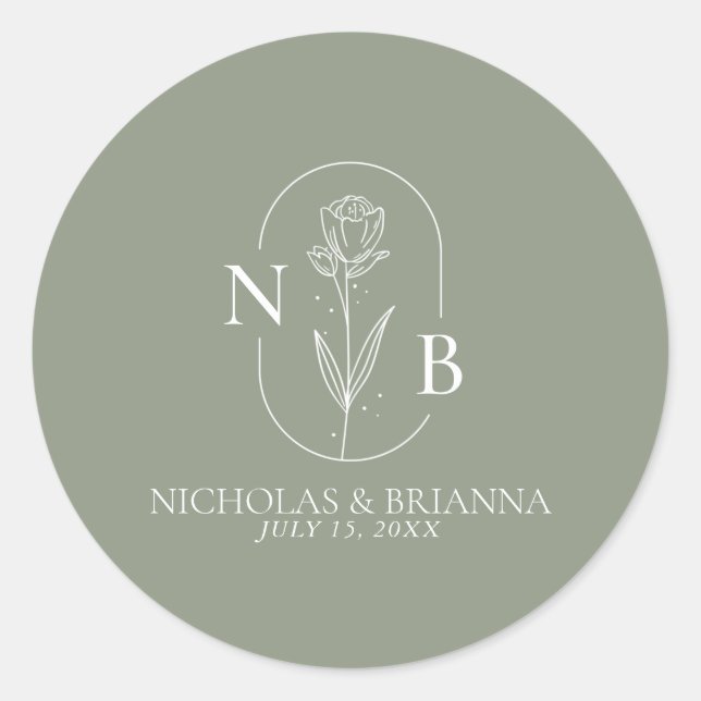 Monogram Sage Green Minimalist Boho Wedding  Classic Round Sticker (Front)
