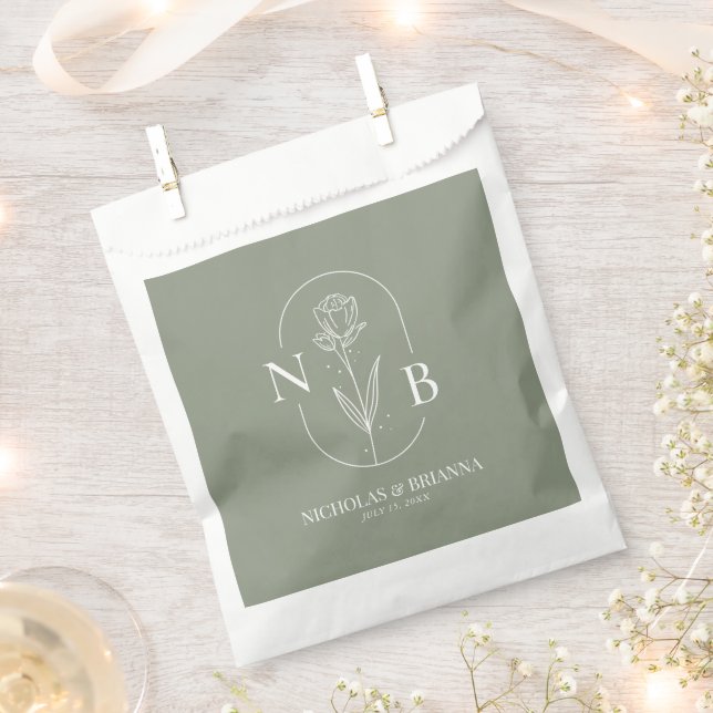 Monogram Sage Green Minimalist Boho Wedding Favour Bags (Clipped)