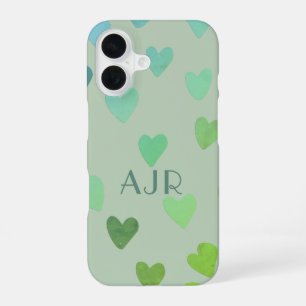 Monogram sage green mint retro hearts pattern iPhone 16 case