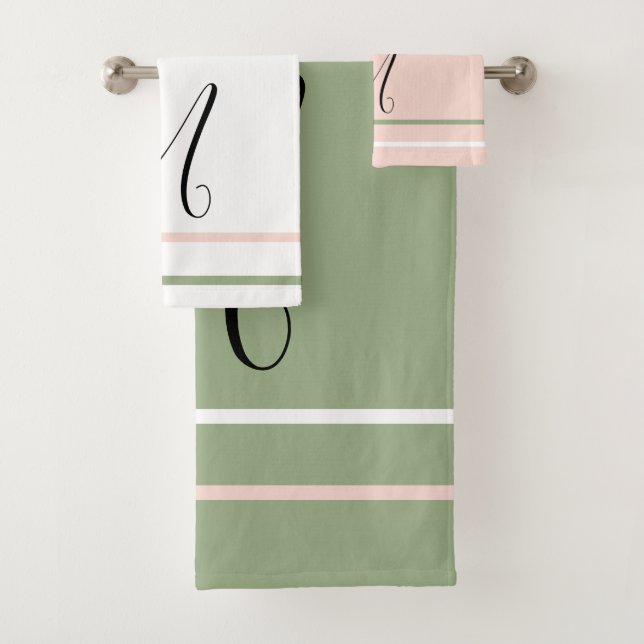 Monogram Sage Green Pink White Stripes Bath Towel Set (Insitu)